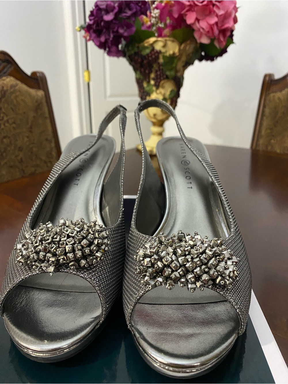 Karen Scott Metallic Silver Open-Toe Slingback Heels with Beaded Embellishment
